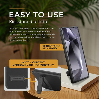 Motivecase Ranger V2 heavy-duty case for Samsung Galaxy S24 Ultra standing securely using integrated multi-angle retractable kickstand for hands-free viewing.