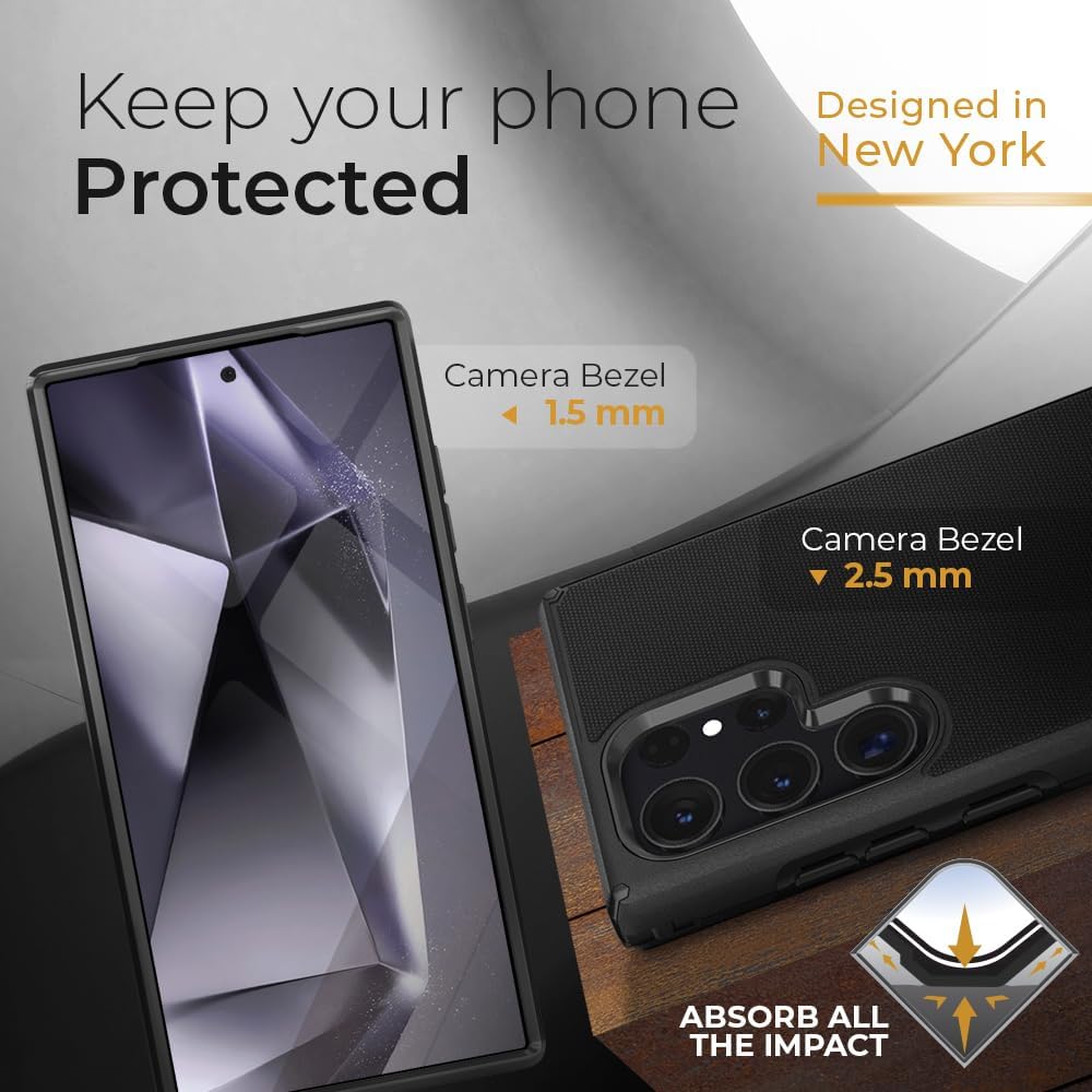 Heavy-duty Motivecase Ranger V2 case for Samsung Galaxy S24 Ultra featuring raised camera bezels and corner air bumpers to absorb all drop impacts.