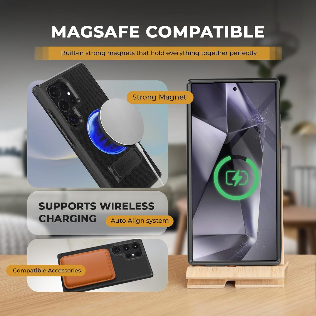 Motivecase Ranger V2 heavy-duty case for Samsung Galaxy S24 Ultra aligned perfectly with MagSafe wireless magnetic charger for fast effortless power delivery.