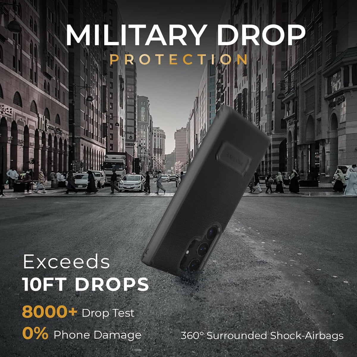 Motivecase Ranger V2 military-grade shockproof case for Samsung Galaxy S24 Ultra demonstrating 10-foot drop protection with reinforced corner air bumpers.