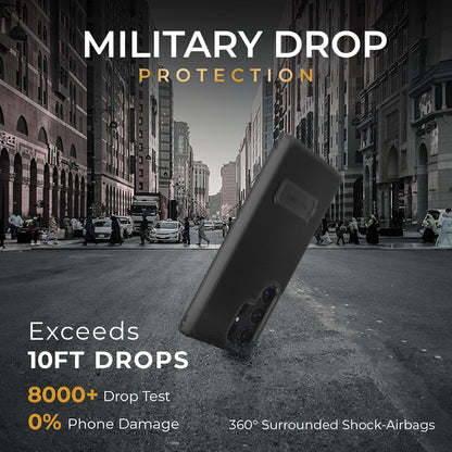 Motivecase Ranger V2 military-grade shockproof case for Samsung Galaxy S24 Ultra demonstrating 10-foot drop protection with reinforced corner air bumpers.