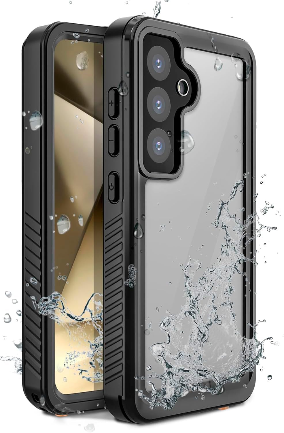 Alternate view of Motivecase Waterproof clear phone case for Samsung Galaxy S24 showcasing front screen and back camera protection with water splashes. **(22 words)**