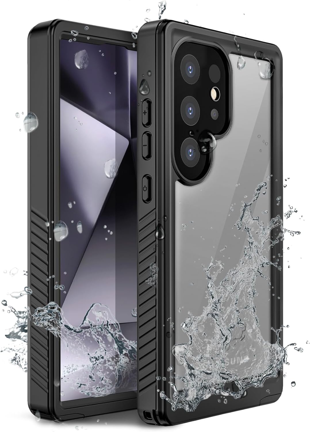 Front and back clear case view of Motivecase Waterproof Series case for Samsung Galaxy S24 with dynamic ocean water splashes. **(20 words)**