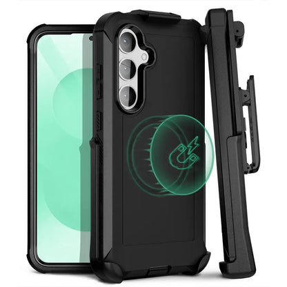 Official Motivecase Bunker case for Samsung Galaxy S25 / S24 Plus, showing front, back, and side views with MagSafe charging.