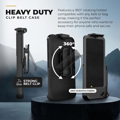 Motivecase Bunker heavy-duty belt clip holster for Samsung Galaxy S25 Ultra with 360-degree rotating swivel and anti-scratch fabric lining.