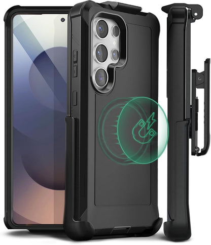 Motivecase Bunker Series heavy-duty military-grade case for Samsung Galaxy S25 Ultra featuring full-body drop protection, MagSafe magnetic compatibility, and rotating belt clip holster.