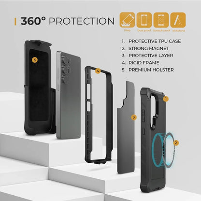 Multi-layer construction view of Motivecase Bunker series for Samsung Galaxy S25 Ultra showing TPU shell, rigid frame, strong magnet, and holster.
