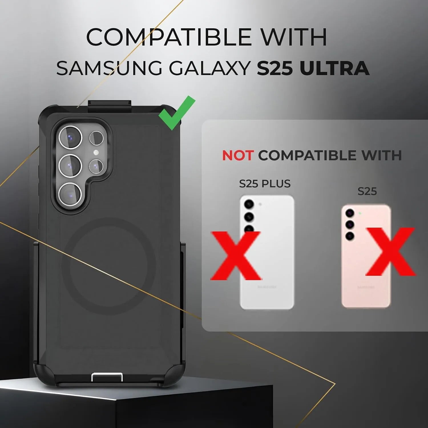 Compatibility chart showing Motivecase Bunker case fits Samsung Galaxy S25 Ultra specifically, not compatible with S25 Plus or standard S25.