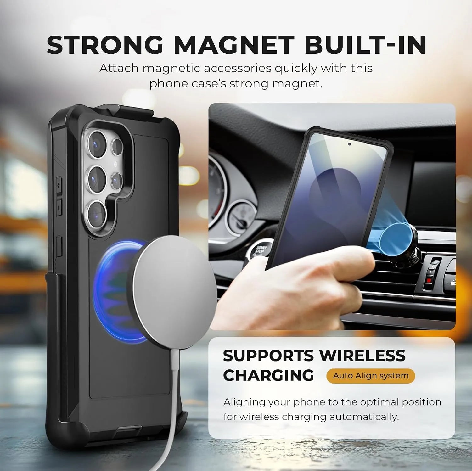 Samsung Galaxy S25 Ultra magnetic case by Motivecase supporting fast wireless charging auto-alignment and magnetic car mount attachment.