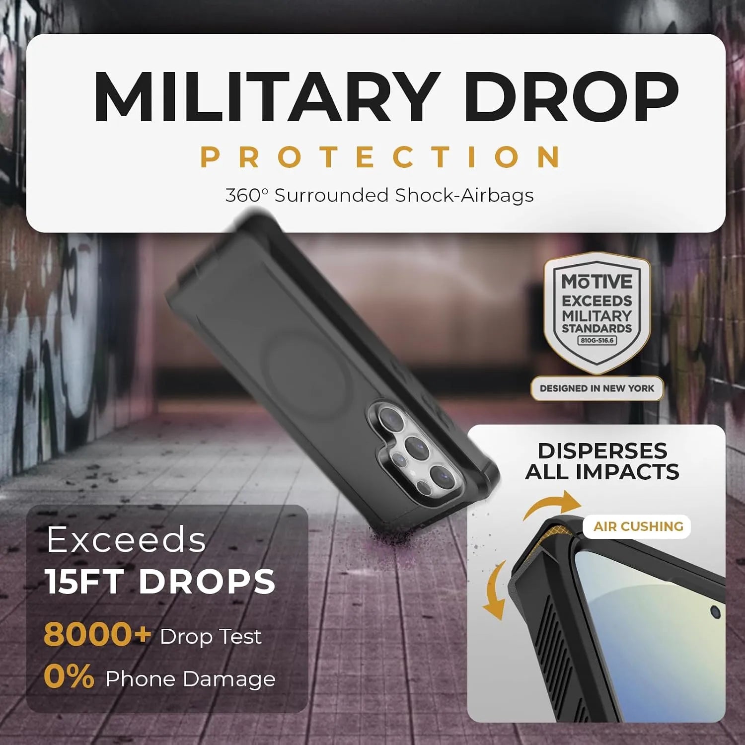 Military-grade 15ft drop protection feature for Samsung Galaxy S25 Ultra Motivecase Bunker case with 360 shock-absorbing corner airbags.