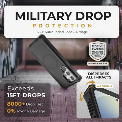Military-grade 15ft drop protection feature for Samsung Galaxy S25 Ultra Motivecase Bunker case with 360 shock-absorbing corner airbags.