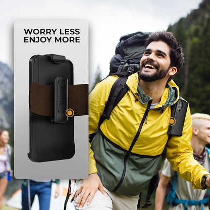 Outdoor enthusiast carrying the Samsung Galaxy S25 Ultra Motivecase Bunker phone case securely attached to a backpack strap using the heavy-duty clip.