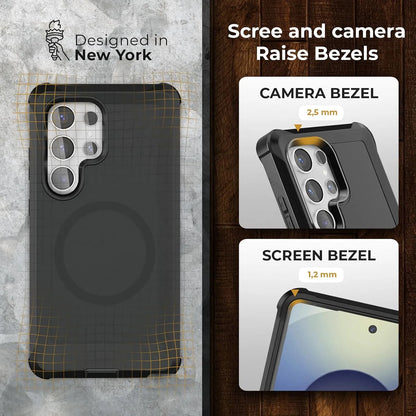 Raised bezels detail for Samsung Galaxy S25 Ultra Motivecase Bunker cover featuring 2.5mm camera edge and 1.2mm screen protection.