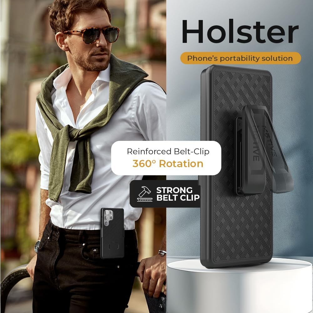 Rugged Motivecase Ranger V1 case for Samsung Galaxy S25 Ultra attached to belt featuring 360-degree rotating swivel clip holster for carrying.