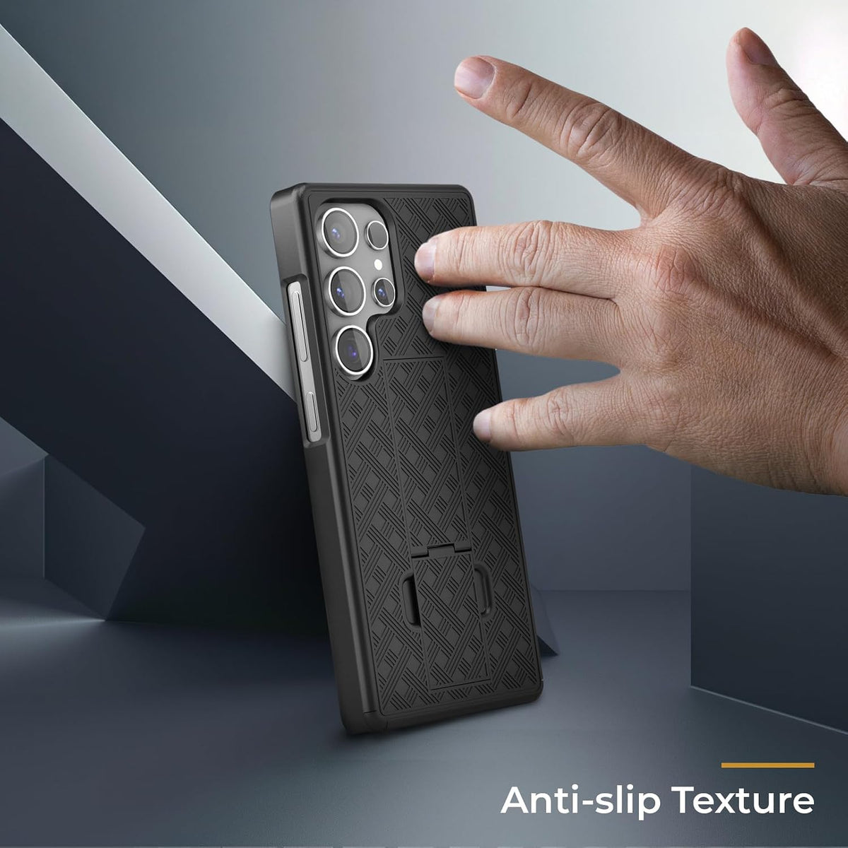 Motivecase Ranger V1 case for Samsung Galaxy S25 Ultra showcasing ergonomic anti-slip textured grip pattern for drop prevention defense.
