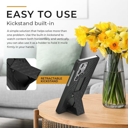 Motivecase Ranger V1 heavy-duty case for Samsung Galaxy S25 Ultra standing upright using its integrated rear retractable kickstand for media viewing.