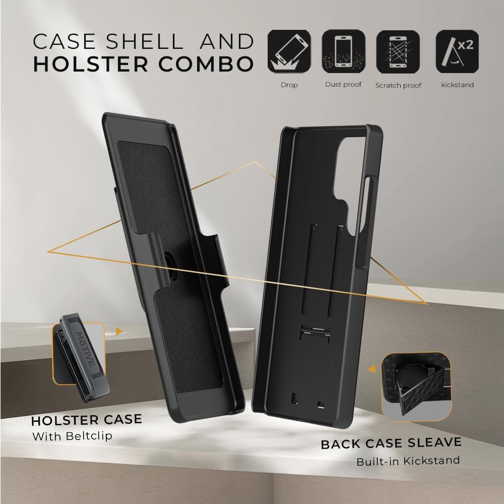 Exploded 360-degree protection diagram of Motivecase Ranger V1 case for Samsung Galaxy S25 Ultra showing dual-layer shell and clip holster.