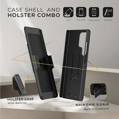 Exploded 360-degree protection diagram of Motivecase Ranger V1 case for Samsung Galaxy S25 Ultra showing dual-layer shell and clip holster.