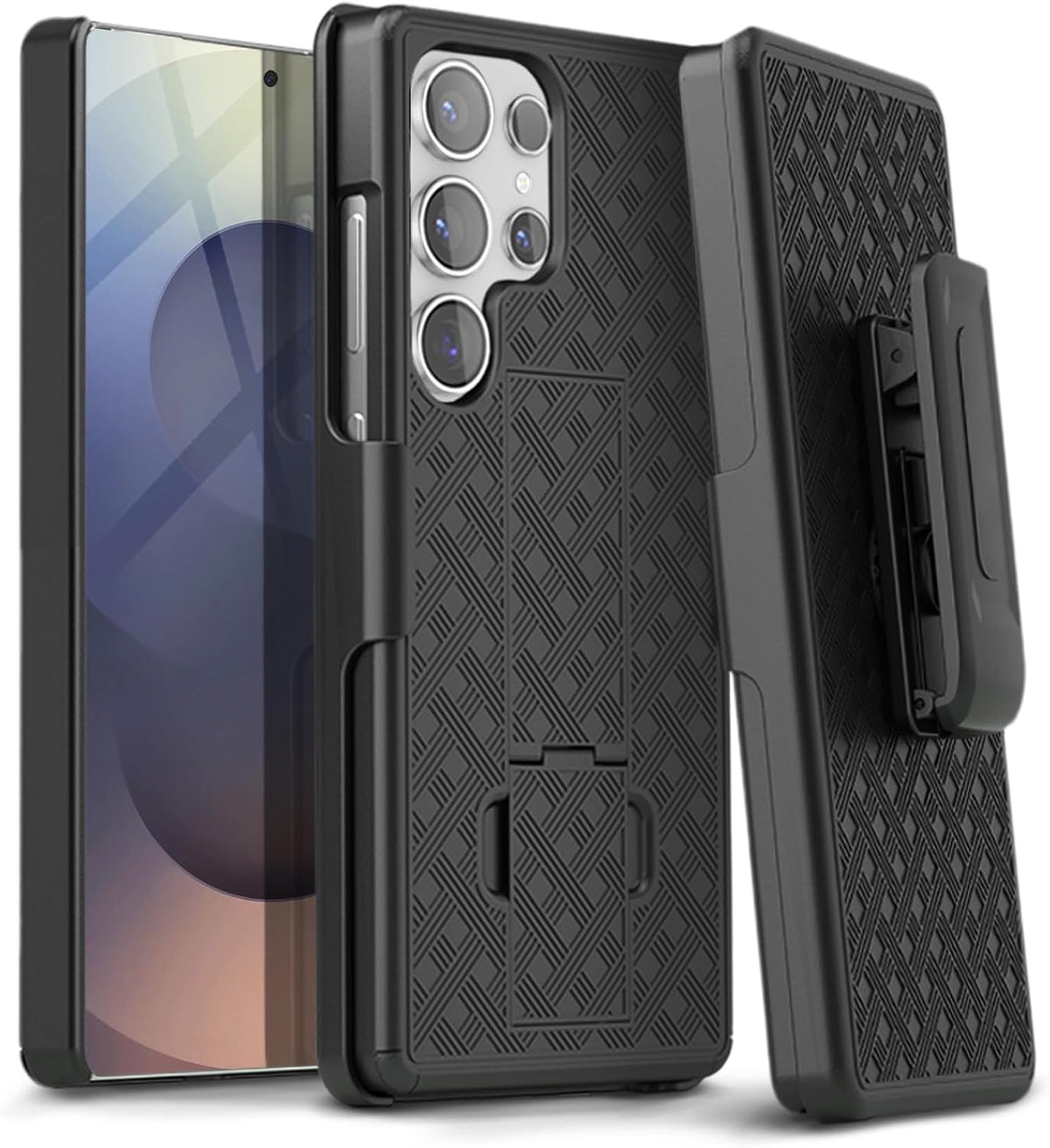 Heavy-duty Motivecase Ranger V1 case for Samsung Galaxy S25 Ultra featuring front display screen protection, textured back cover, kickstand, and holster.