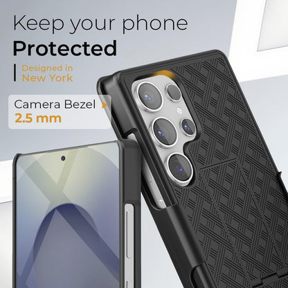 Motivecase Ranger V1 case for Samsung Galaxy S25 Ultra showing raised camera lens bezel and screen protection lips against surface impacts.