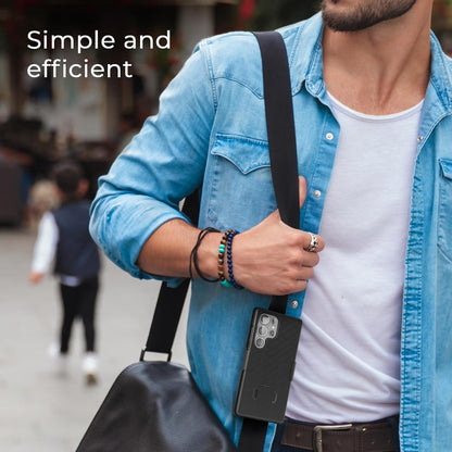 Urban casual lifestyle photo of man wearing Motivecase Ranger V1 case for Samsung Galaxy S25 Ultra on shoulder bag strap during daily travel.