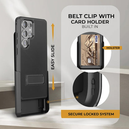 Motivecase Ranger V2 phone holster for Samsung Galaxy S25 Ultra showing dual utility functions with heavy-duty belt clip and integrated card holder slot.