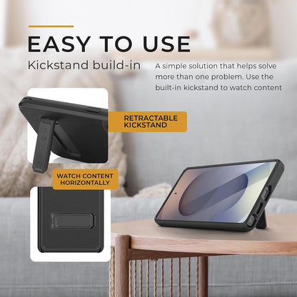 Motivecase Ranger V2 heavy-duty case for Samsung Galaxy S25 Ultra standing securely using integrated multi-angle retractable kickstand for hands-free viewing.