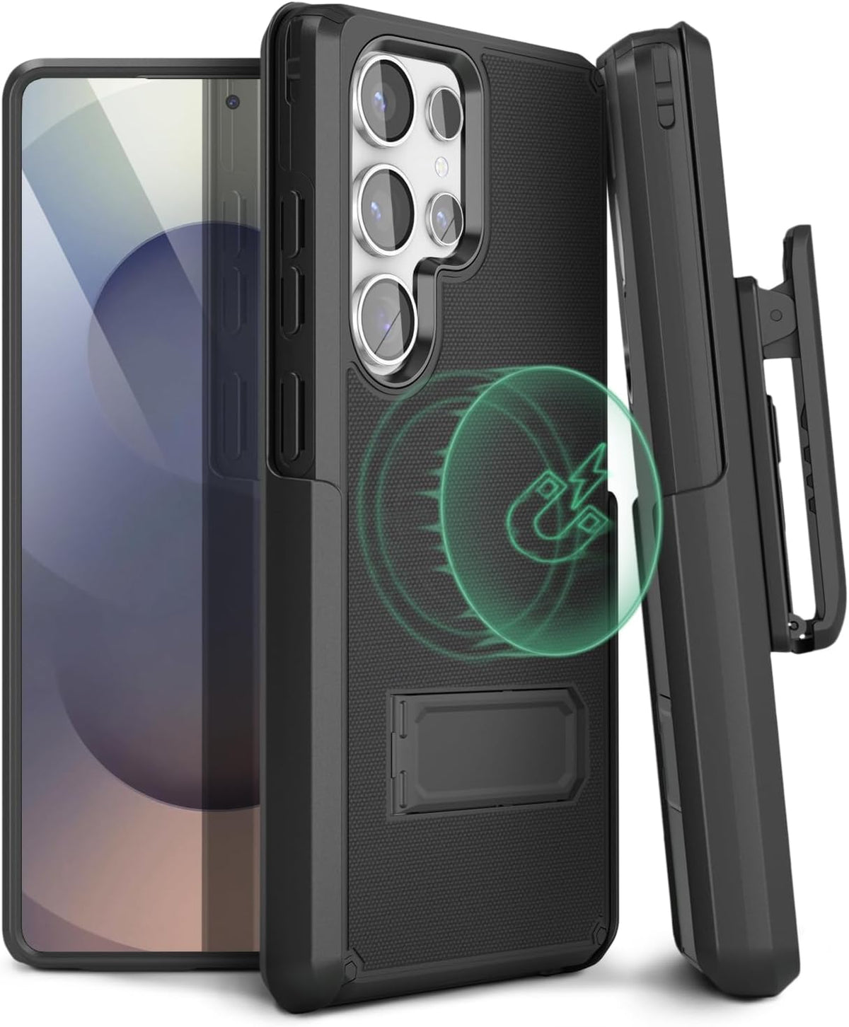 Full body view of Motivecase Ranger V2 heavy-duty protective cover for Samsung Galaxy S25 Ultra featuring dual-layer drop defense, kickstand, and belt clip.