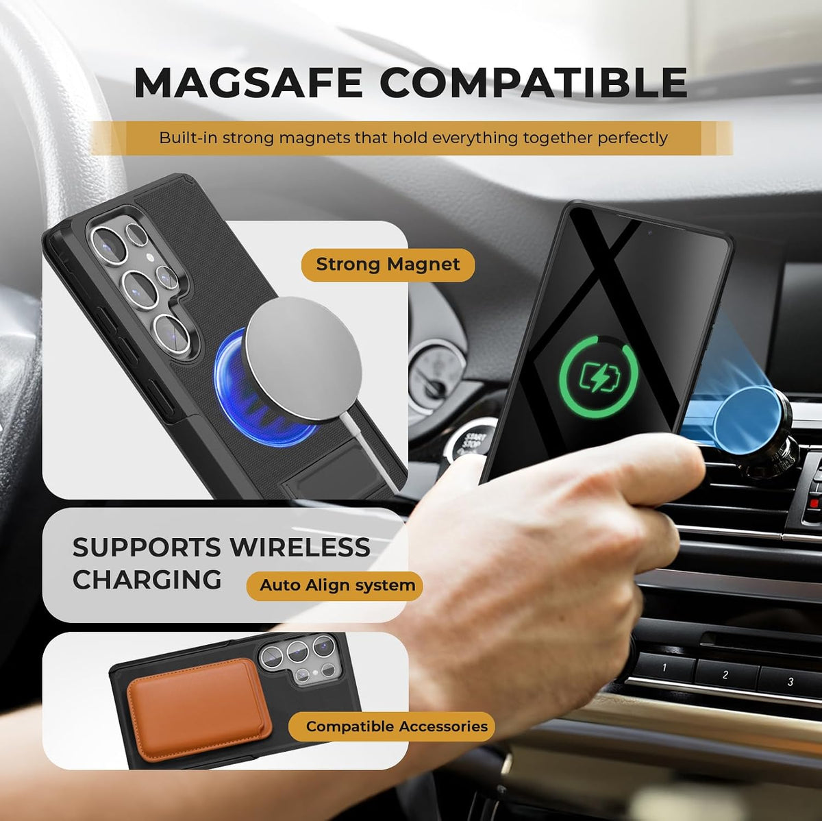 Motivecase Ranger V2 heavy-duty case for Samsung Galaxy S25 Ultra aligned perfectly with MagSafe wireless magnetic charger for fast effortless power delivery.
