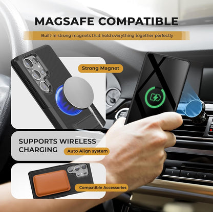 Motivecase Ranger V2 heavy-duty case for Samsung Galaxy S25 Ultra aligned perfectly with MagSafe wireless magnetic charger for fast effortless power delivery.