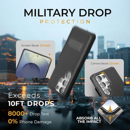 Motivecase Ranger V2 military-grade shockproof case for Samsung Galaxy S25 Ultra demonstrating 10-foot drop protection with reinforced corner air bumpers.
