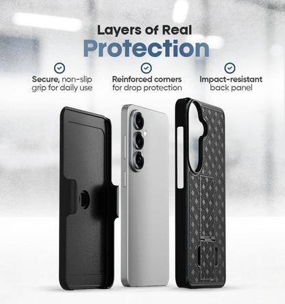 Exploded layer diagram of Motivecase Ranger V1 series for Samsung Galaxy S26 Plus showing textured back panel and sleeve holster.