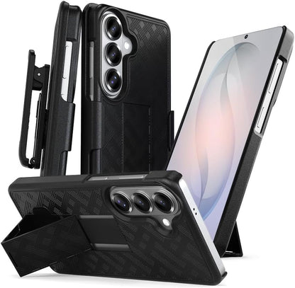 Complete product set of Motivecase Ranger V1 series for Samsung Galaxy S26 Plus showing kickstand viewing mode, slim phone case, and belt clip sleeve.