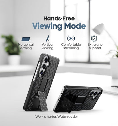 Integrated folding kickstand on Motivecase Ranger V1 for Samsung Galaxy S26 Plus supporting vertical and horizontal hands-free viewing.