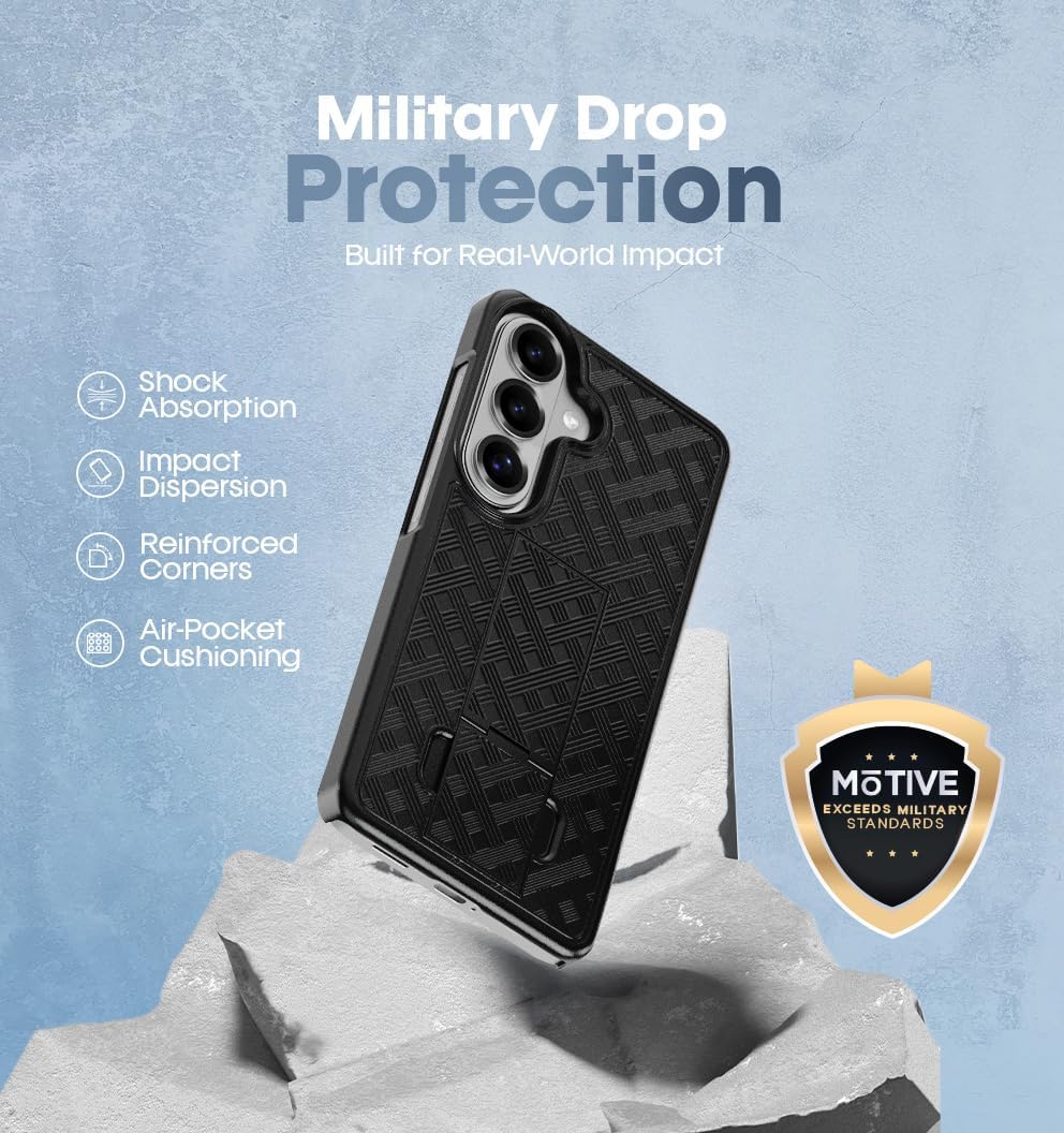 Military drop protection rating for Samsung Galaxy S26 Plus Motivecase Ranger V1 case with cross-hatch texture and air-pocket cushioning.