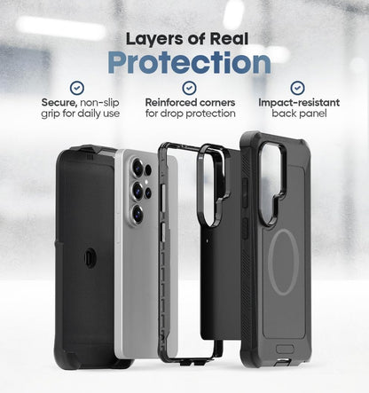 Exploded layer diagram of Motivecase Bunker series for Samsung Galaxy S26 Ultra showing non-slip TPU grip, rigid frame, and heavy-duty holster.