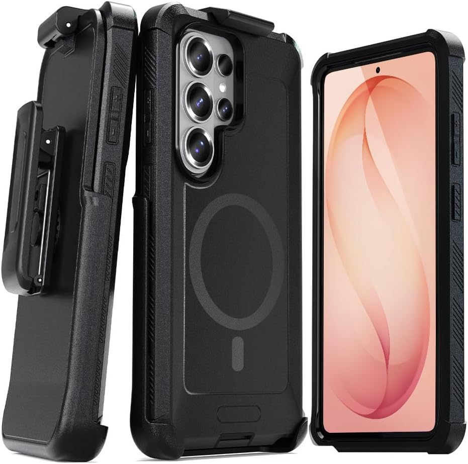 Complete 3-view set of Motivecase Bunker series for Samsung Galaxy S26 Ultra featuring magnetic ring case, front screen frame, and belt clip holster.