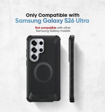 Compatibility chart showing Motivecase Bunker rugged case specifically designed for Samsung Galaxy S26 Ultra model only.