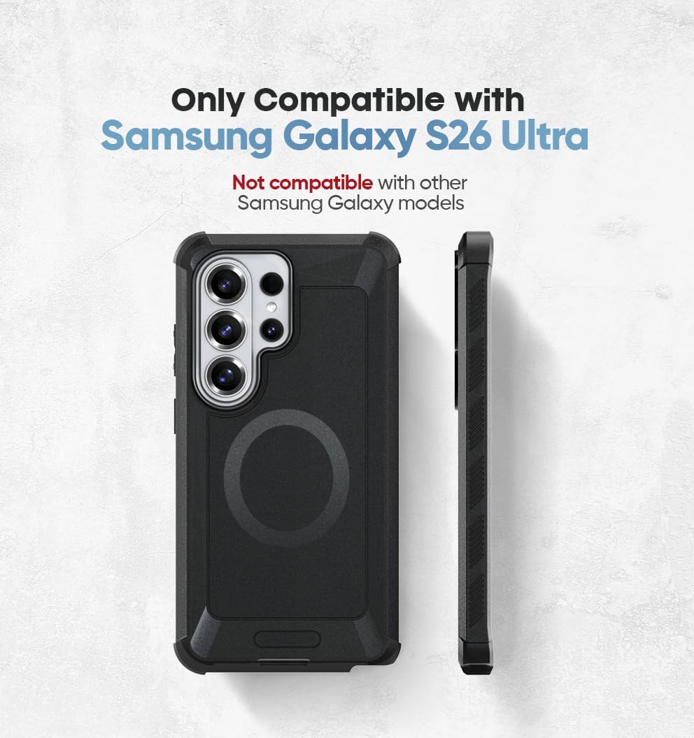 Compatibility chart showing Motivecase Bunker rugged case specifically designed for Samsung Galaxy S26 Ultra model only.