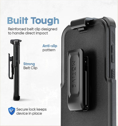 Reinforced belt clip holster detail for Samsung Galaxy S26 Ultra Motivecase Bunker case with anti-slip pattern and secure locking mechanism.
