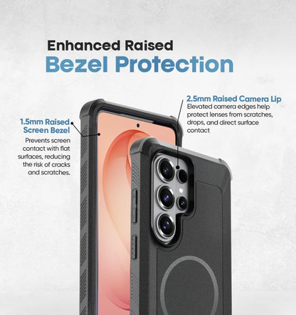 Enhanced raised bezel protection for Samsung Galaxy S26 Ultra with 2.5mm camera lip and 1.5mm screen bezel by Motivecase.