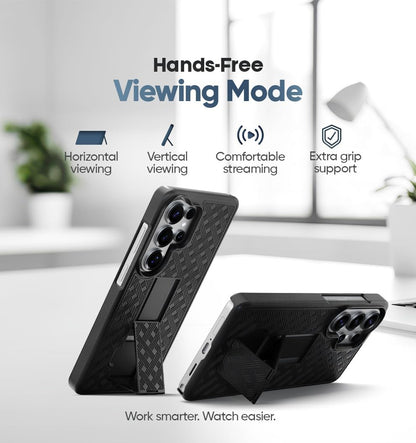 Integrated folding kickstand on Motivecase Ranger V1 for Samsung Galaxy S26 Ultra supporting vertical and horizontal hands-free viewing.