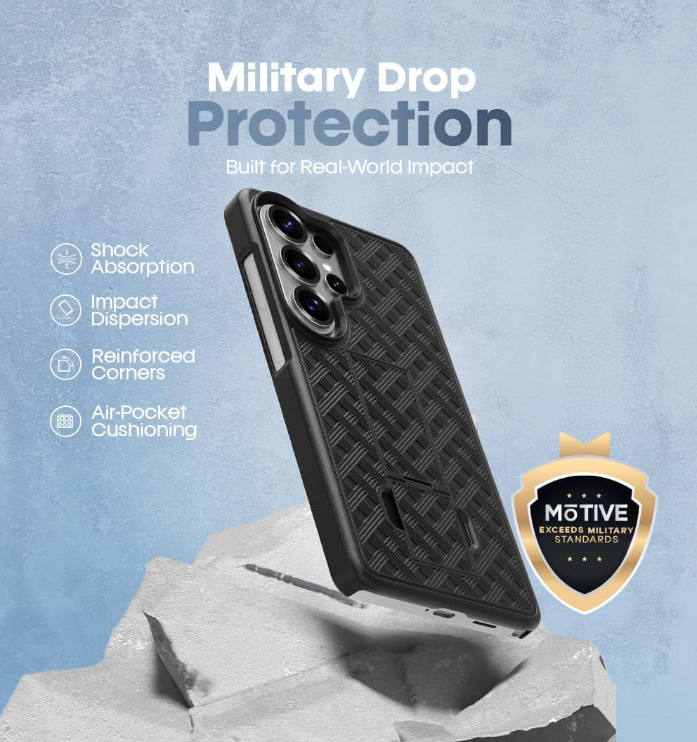 Military drop protection rating for Samsung Galaxy S26 Ultra Motivecase Ranger V1 case with cross-hatch texture and air-pocket cushioning.