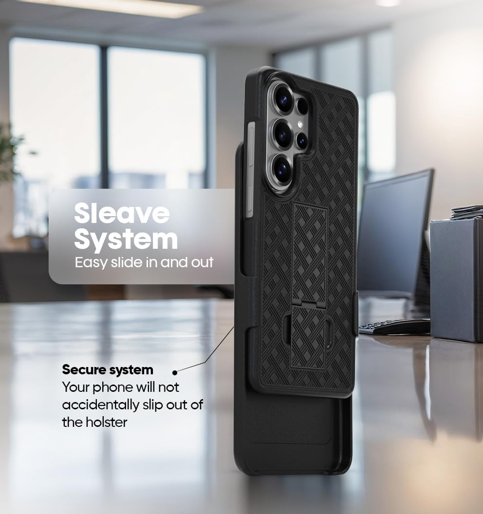 Slide-in sleeve holster system for Samsung Galaxy S26 Ultra Motivecase Ranger V1 case ensuring secure slip-proof locking.