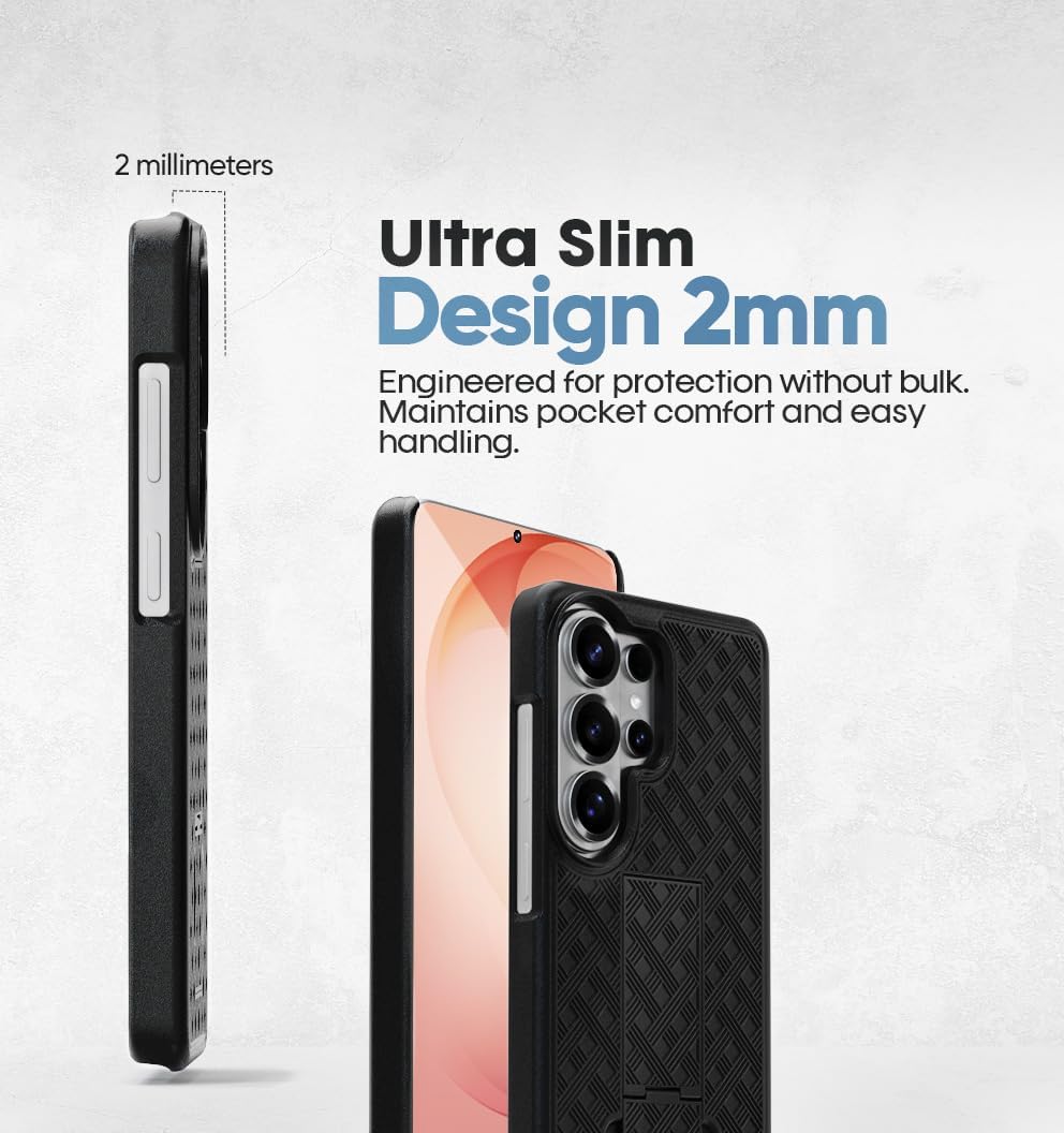 Ultra-slim 2mm thin profile design of Motivecase Ranger V1 case for Samsung Galaxy S26 Ultra providing slim protection without bulk.