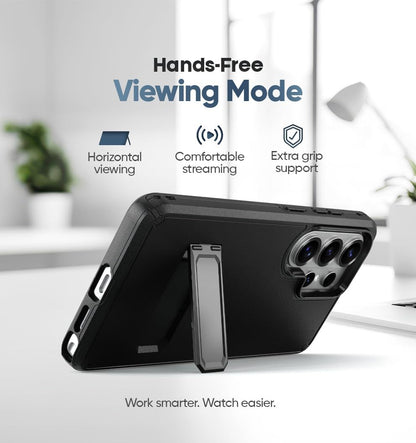 Integrated fold-out kickstand on Motivecase Ranger V2 case for Samsung Galaxy S26 Ultra set up in horizontal hands-free viewing mode.