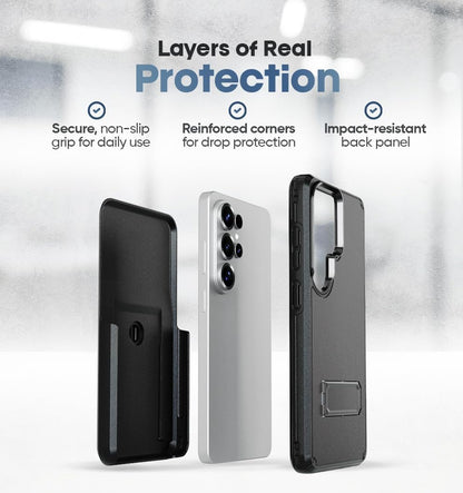 Exploded layer diagram of Motivecase Ranger V2 series for Samsung Galaxy S26 Ultra showing kickstand case, phone body, and belt clip holster.