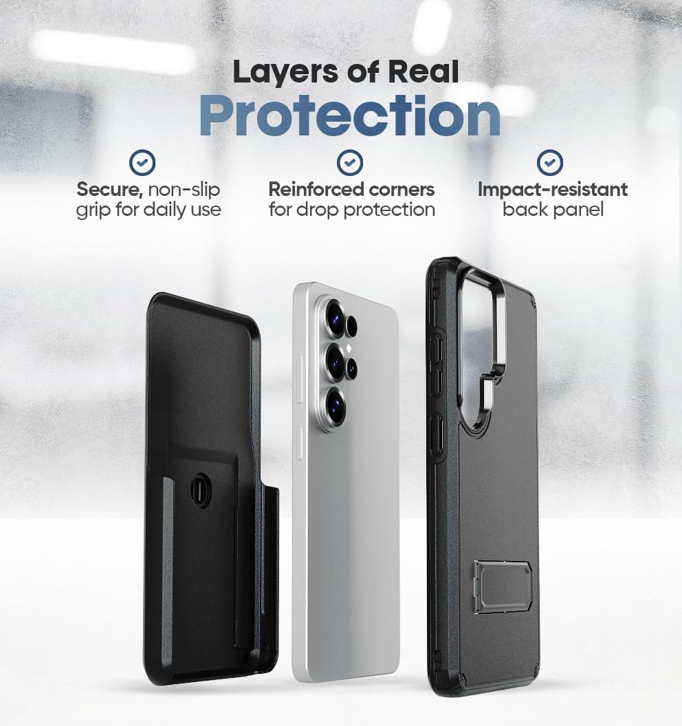 Exploded layer diagram of Motivecase Ranger V2 series for Samsung Galaxy S26 Ultra showing kickstand case, phone body, and belt clip holster.