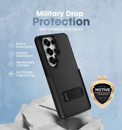 Military drop protection feature for Samsung Galaxy S26 Ultra Motivecase Ranger V2 case with shock absorption and integrated kickstand.