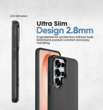 Ultra-slim 2.8mm thin profile design of Motivecase Ranger V2 phone case for Samsung Galaxy S26 Ultra maintaining lightweight protection.